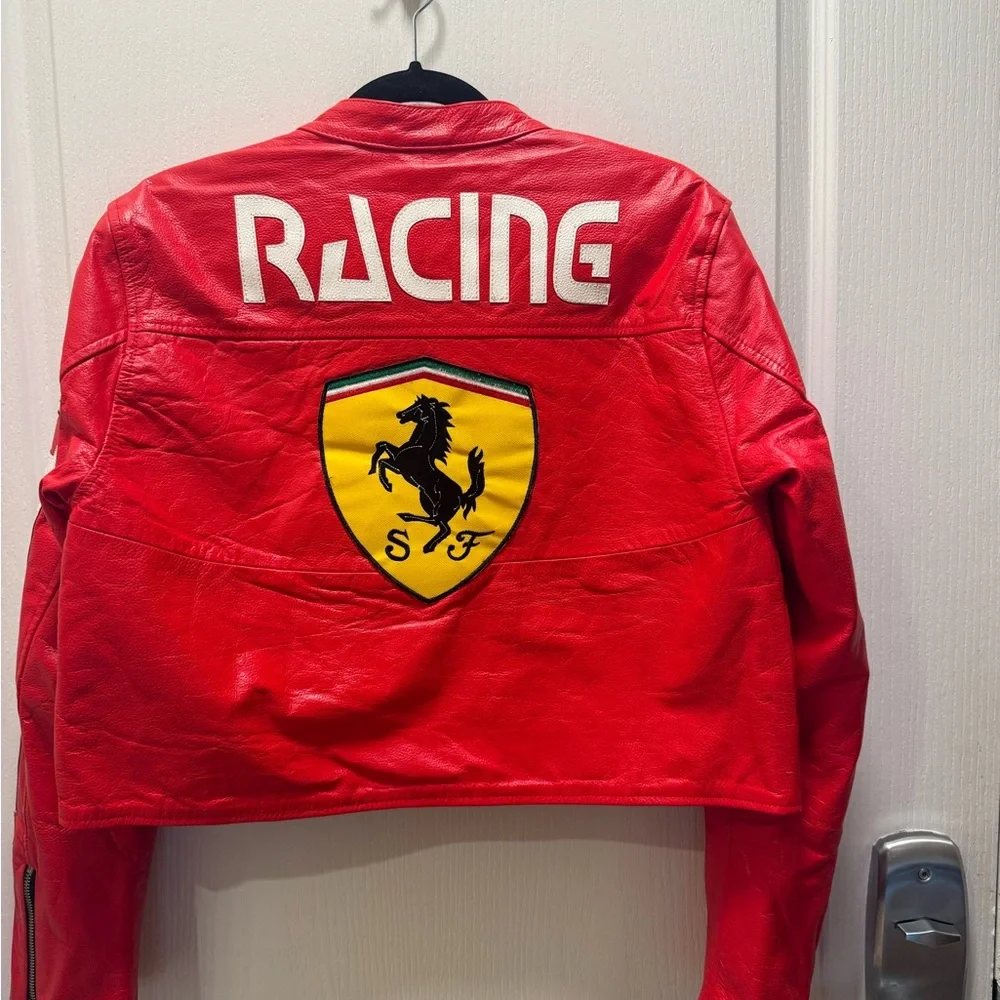 Handmade Vintage Ferrari Racing Vegan Leather Crop Jacket Red Formula1 Size XS/S - Picture 6 of 6
